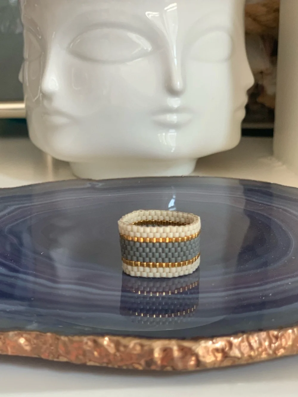 Maasai Beaded Ring Wide – Cream Grey & Gold Handmade woven mesh ring NEW